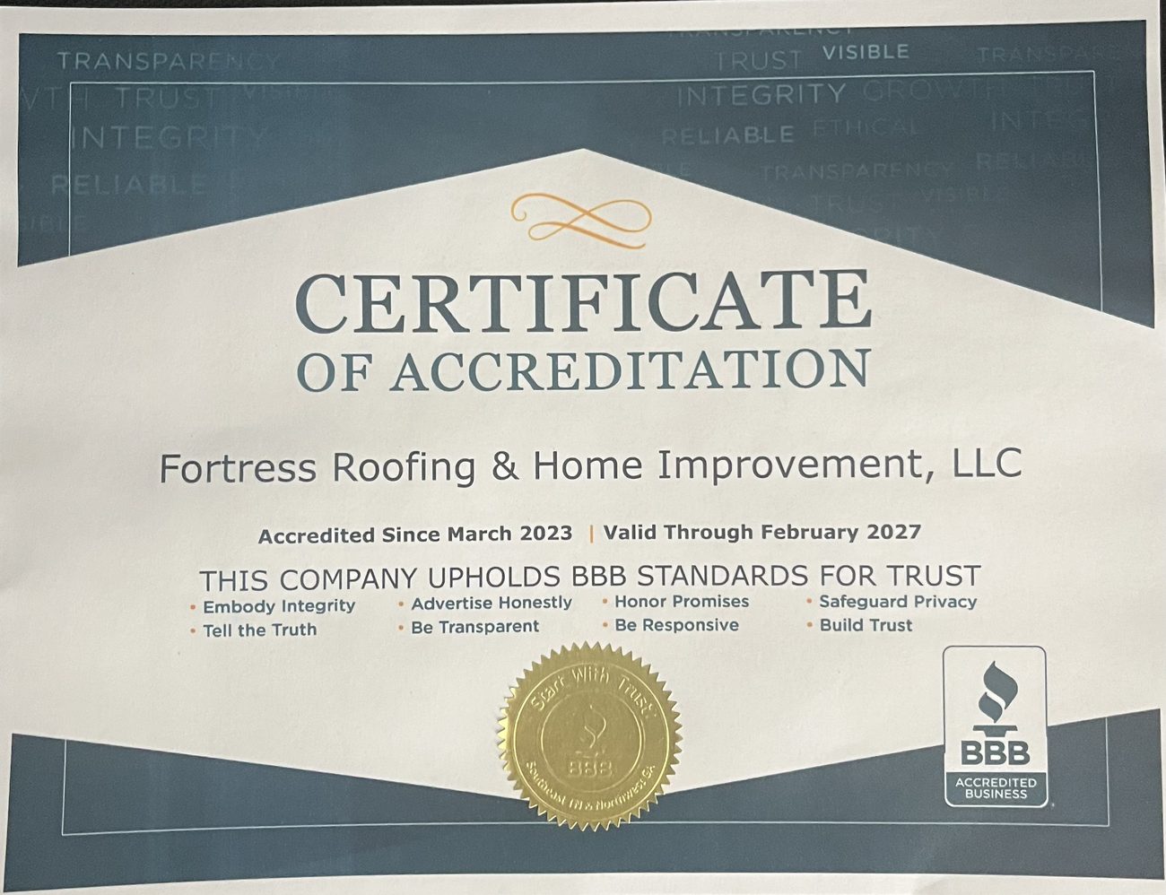 BBB Accreditation certificate for Fortress Roofing & Home Improvement LLC