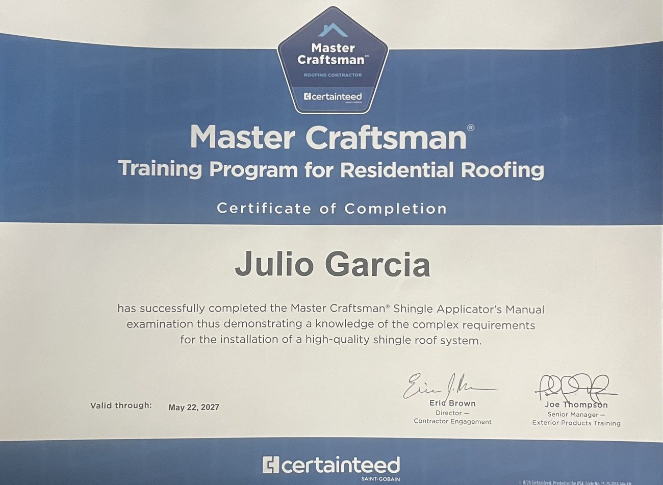 CertainTeed Master Craftsman certification for Julio García